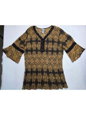 Catherines 2X Black & Gold Floral Bell Sleeve Top Stretchy Lightweight